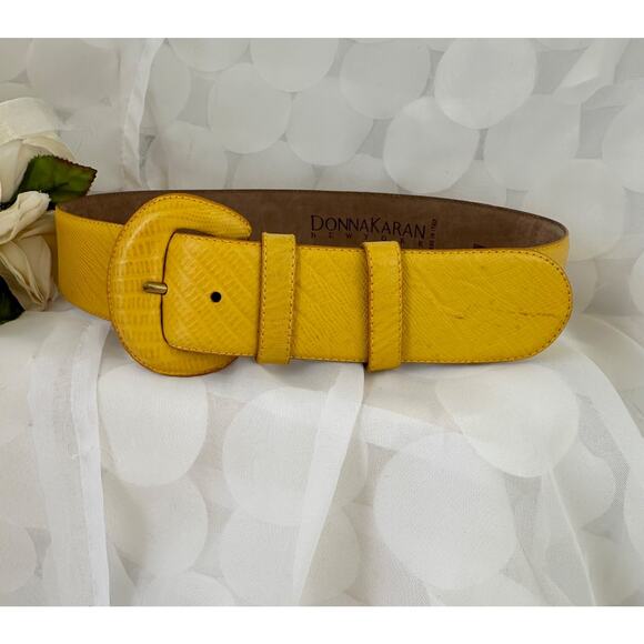 Vintage Donna Karen WIDE Leather Belt Mustard Gold Lizard Embossed Small ITALY - Picture 1 of 7